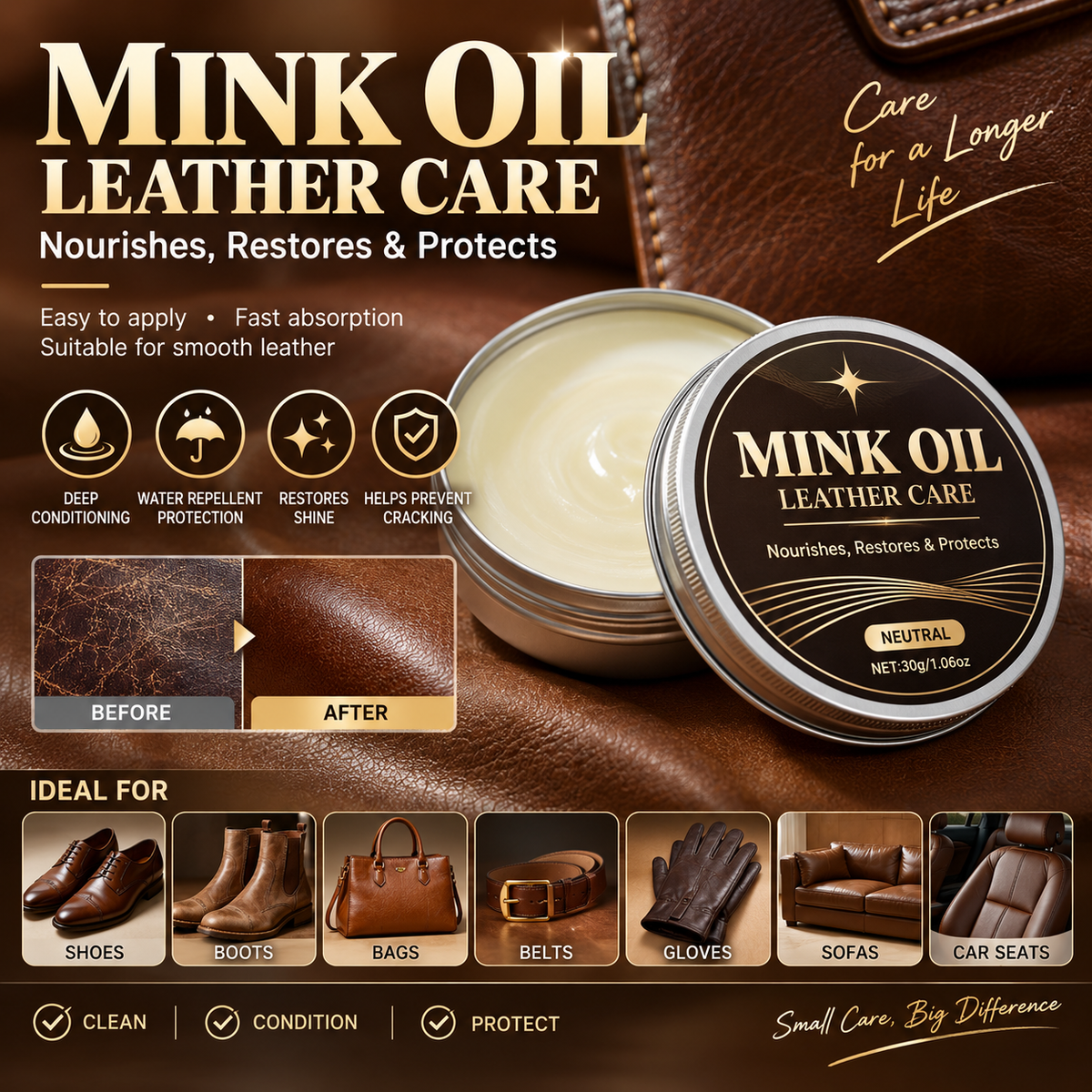 Leather Care Balm –Nourish & soften restored leather to prevent cracking