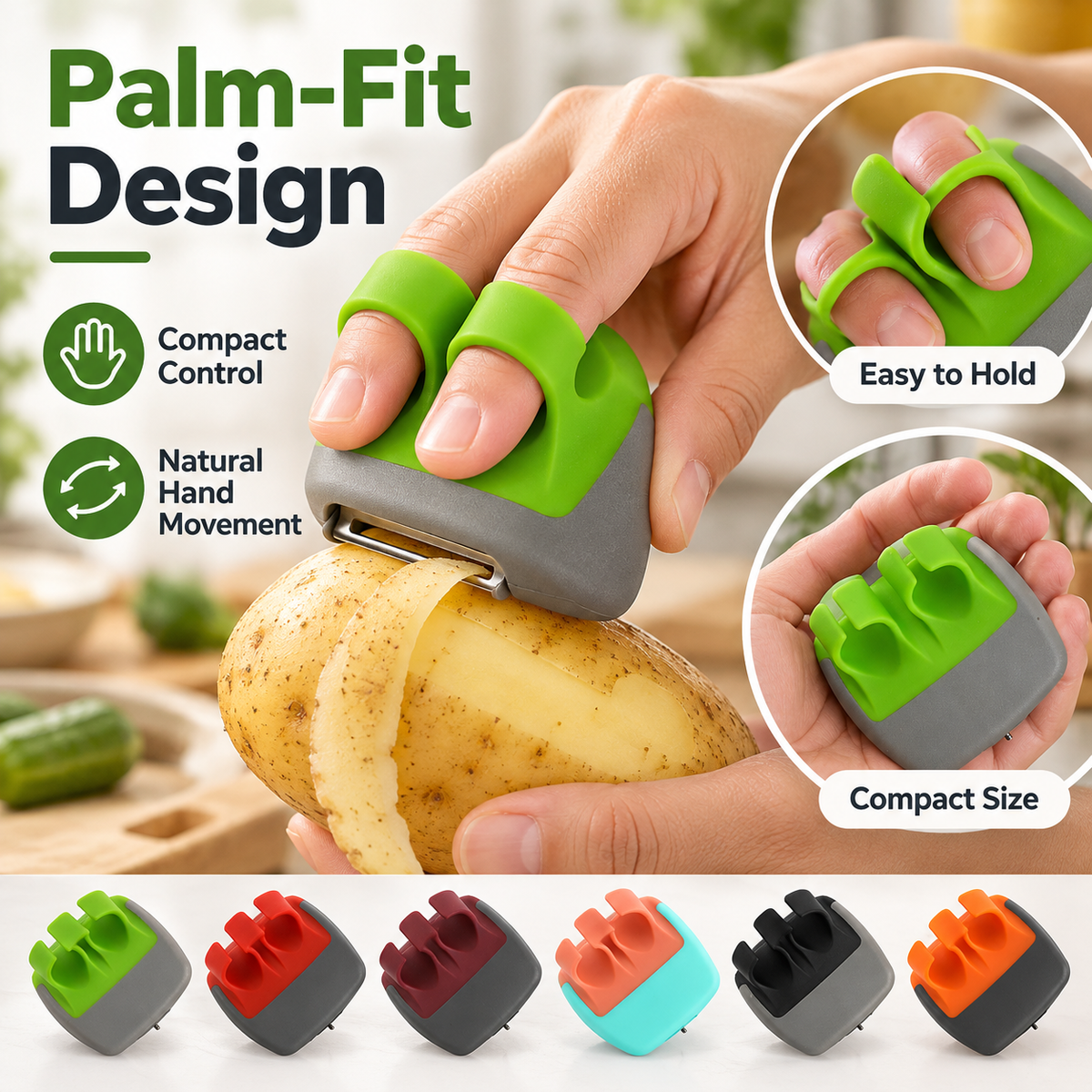 Palm-fit peeler finger grip usage illustration