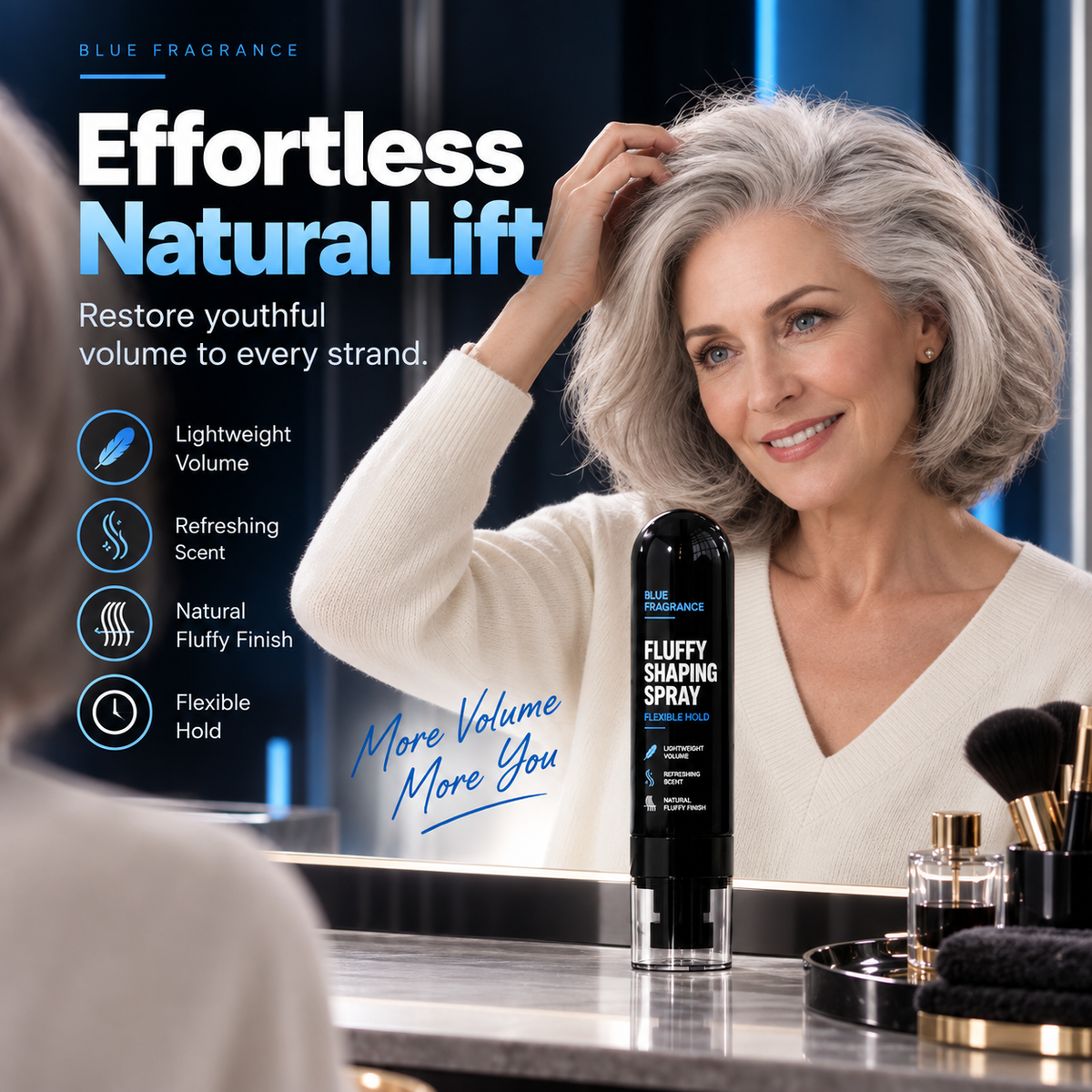Peach-scented volumizing & setting spray—for lightweight, bouncy hair and long-lasting hold.