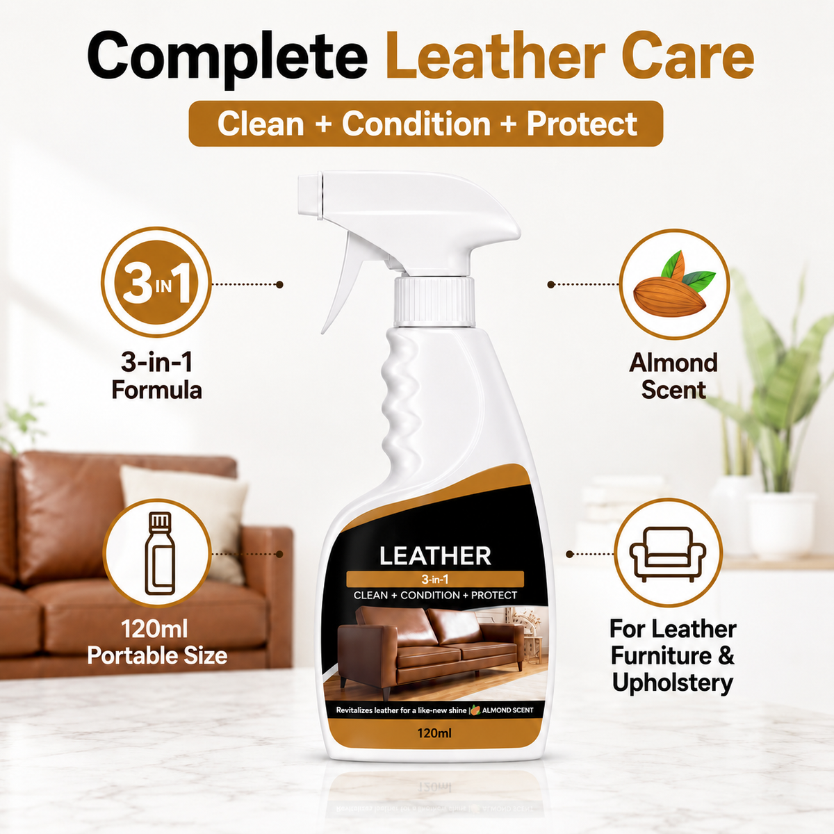 3-in-1 Leather Cleaner & Conditioner Spray – Cleans, Conditions & Protects, 120ml