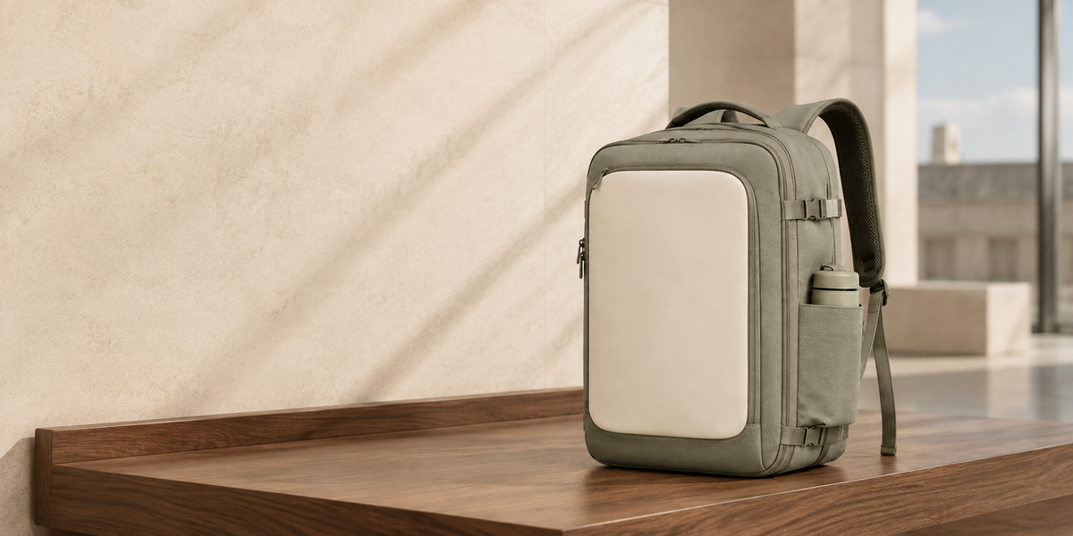 Sage and ivory Aonlo travel backpack on a walnut lounge bench