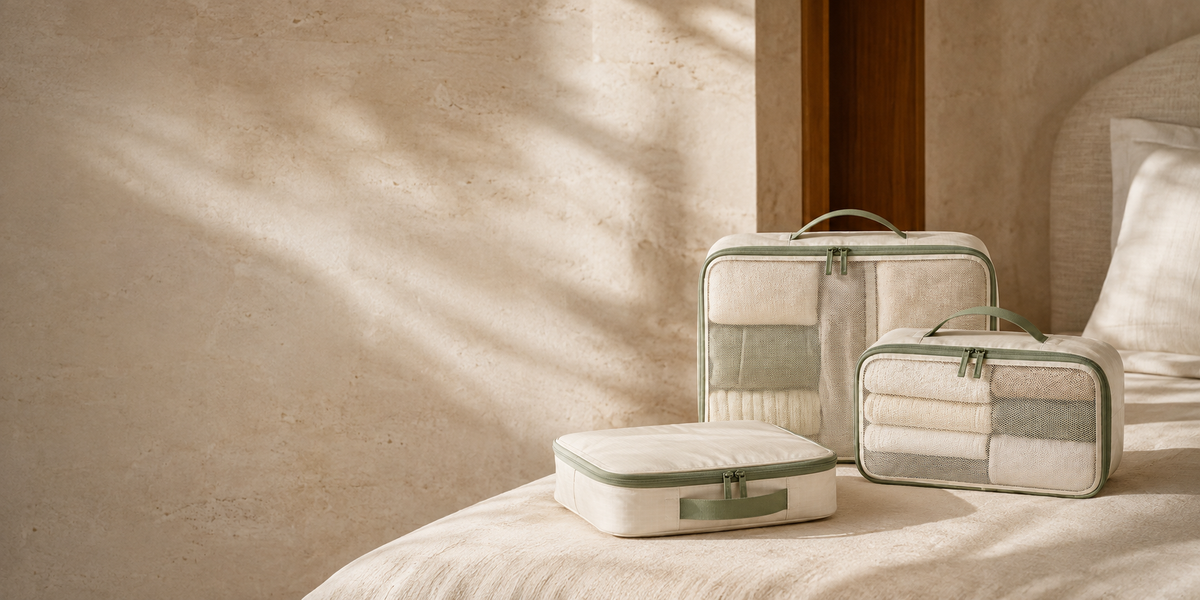 Ivory and sage Aonlo packing cubes on a linen-covered hotel bed