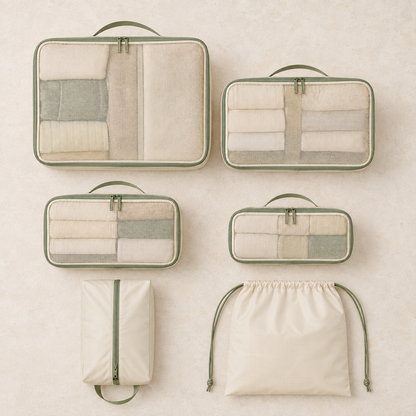 Four packing cubes shoe pouch and laundry bag flat lay