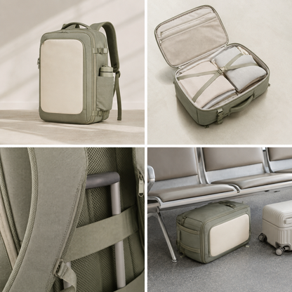 Aonlo OpenFlat Carry-On Travel Backpack four-view product overview