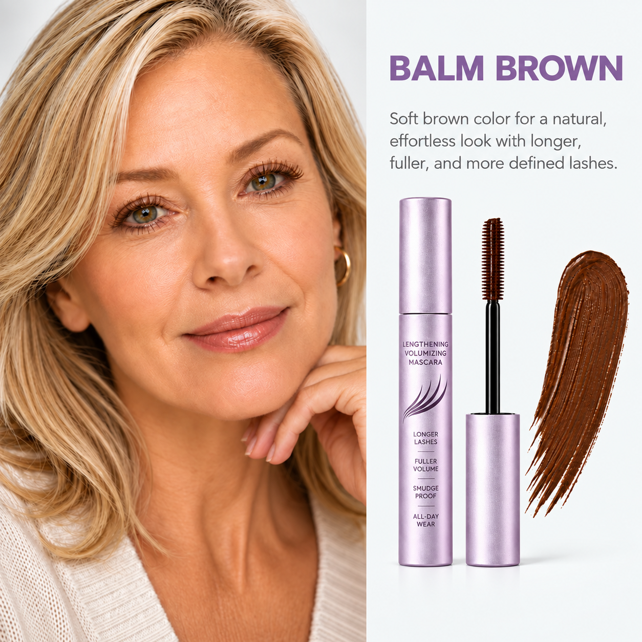 Balm Brown mascara on a mature blonde woman with unbranded pearl-lilac tube and brown color swatch